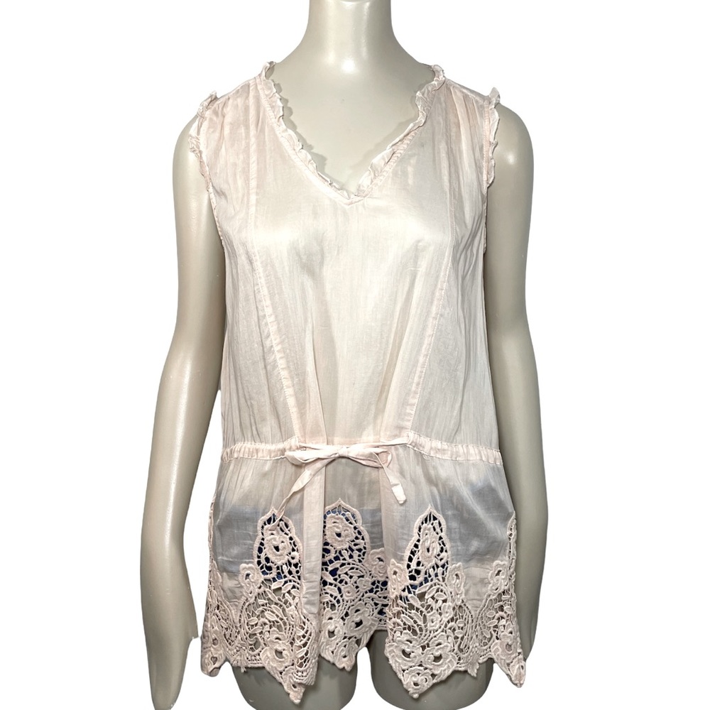 Kookai Pale Pink Sleeveless Blouse Tatted Crochet Detail Tie Waist